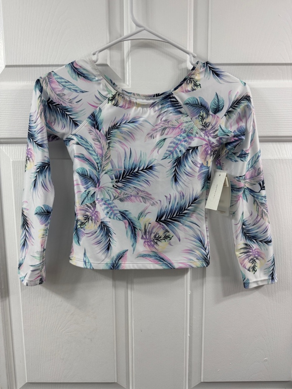 Raisins Girls' Long-Sleeve Palm Print Rash Guard - White with Blue, Purple, Pink